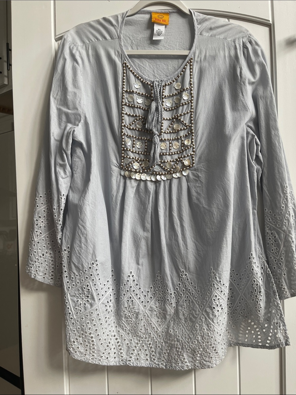 Ruby Rd. Light Gray Embroidered Peasant Tunic with Coin Trim